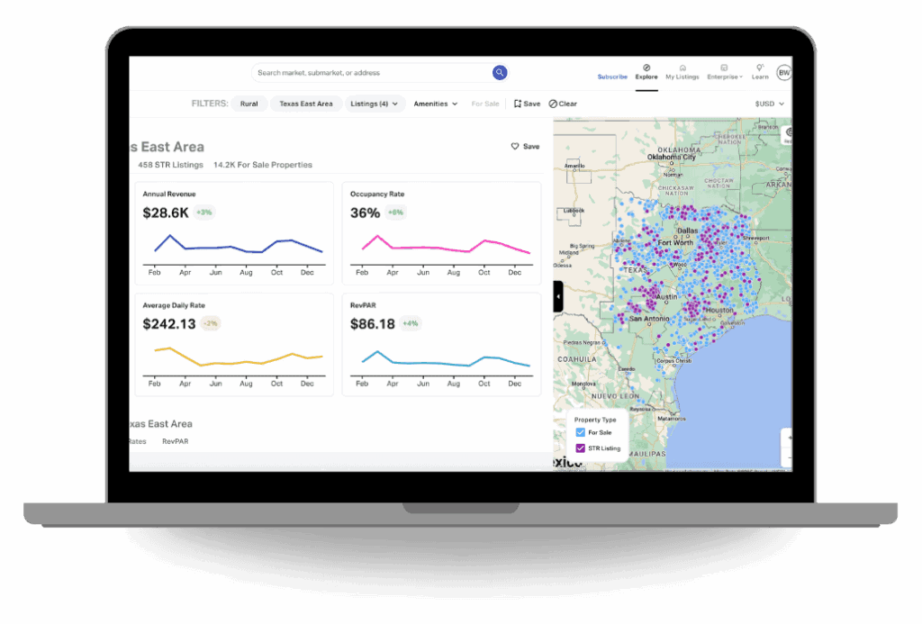 High-resolution digital map showing Texas East Area real estate listings and market analysis data from Posh Outdoors website.