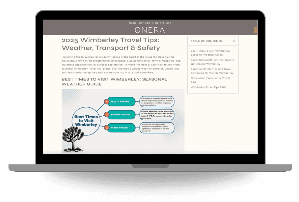 Vivid image of a laptop displaying a travel tips webpage for Wimberley, Texas.