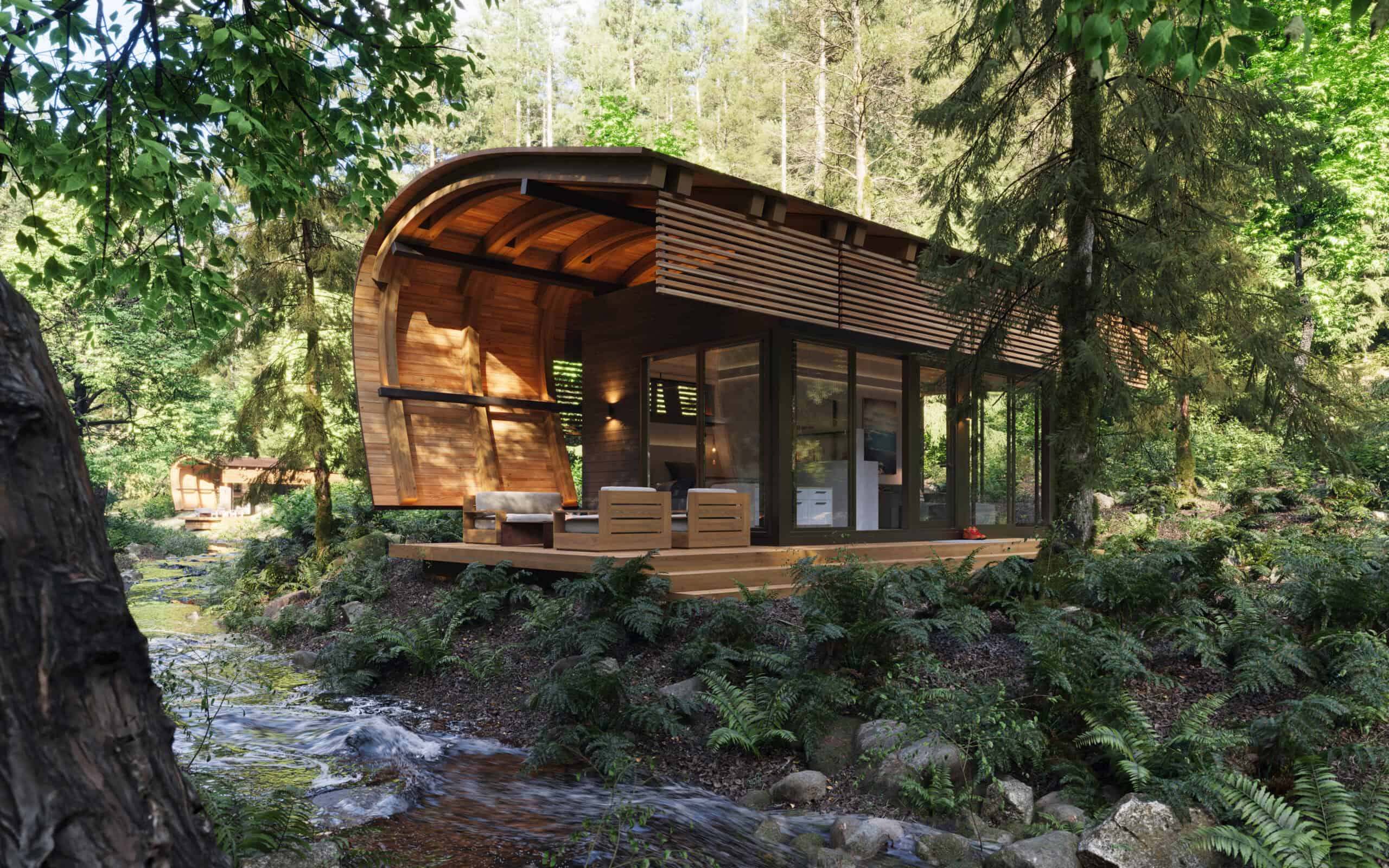 Posh-outdoors-wooden-cabin-in-forest-with-stream-seating-area.