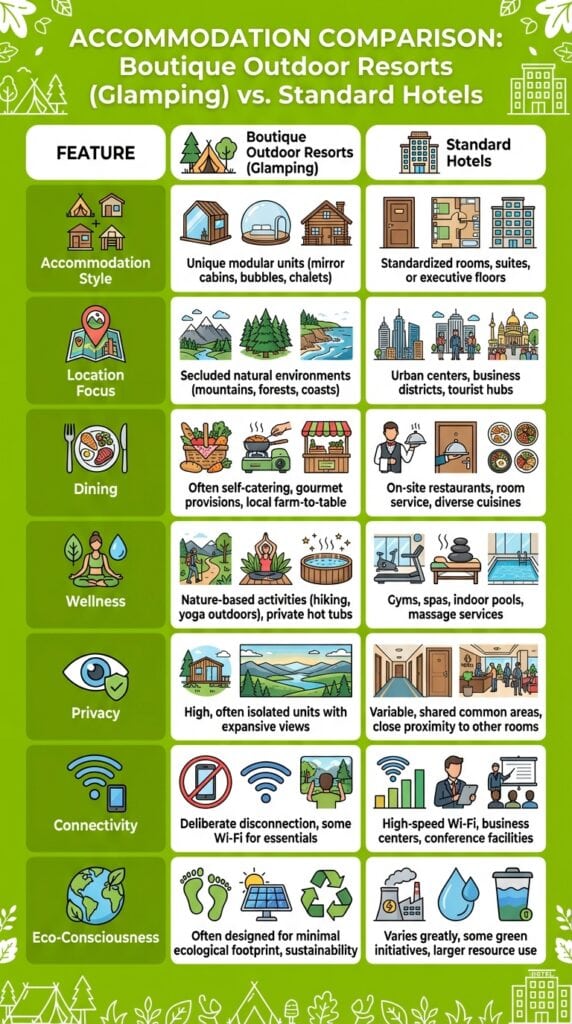 A comparison of boutique outdoor resorts with standard hotels, highlighting features like modular units, secluded environments, gourmet dining, wellness activities, privacy, connectivity, and eco-conscious design.