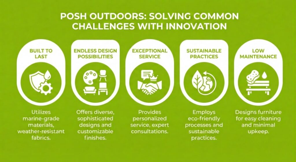 Eco-friendly outdoor furniture with durable, weather-resistant marine-grade materials and customizable finishes for sustainability and low maintenance.