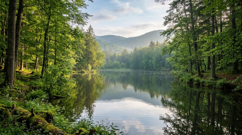 Peaceful forest scene with a calm lake surrounded by lush green trees and distant mountains under a partly cloudy sky.