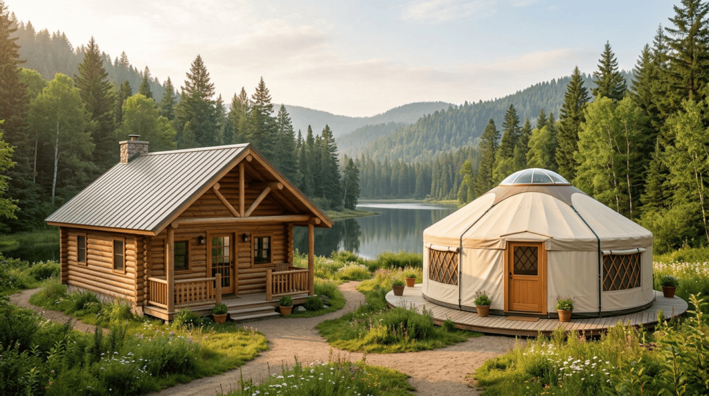 Beautiful glamping site featuring a wooden cabin and a yurt surrounded by lush forest and mountains, near a tranquil lake.