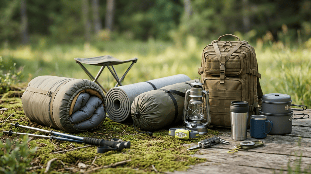 Camping gear including sleeping bags, backpack, lantern, and cooking utensils on a grassy field with trees in the background.