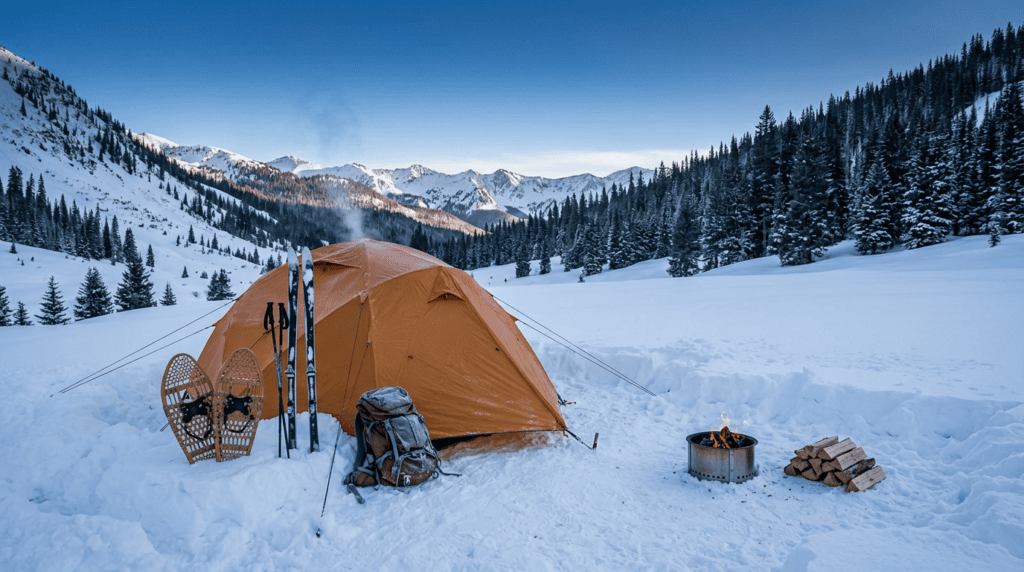 A cozy orange tent set up in a snowy mountain landscape with snowshoes, backpack, fire pit, and firewood, surrounded by pine trees and mountain peaks under a clear blue sky.