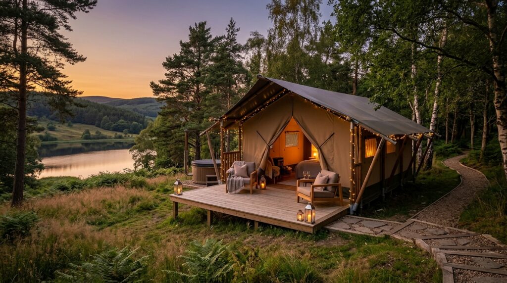 Elegant glamping tent set on a wooden deck overlooking a serene lake with lush green trees and rolling hills at sunset.
