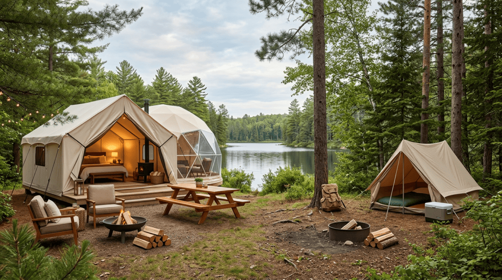 Luxurious glamping tent set up in a forest near a lake with outdoor seating, fire pit, and additional tent, surrounded by tall trees and nature.