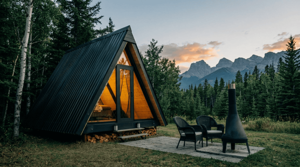 A black A-frame cabin with warm interior lighting surrounded by trees and mountains, outdoor seating with a fire pit, scenic mountain landscape in the background.