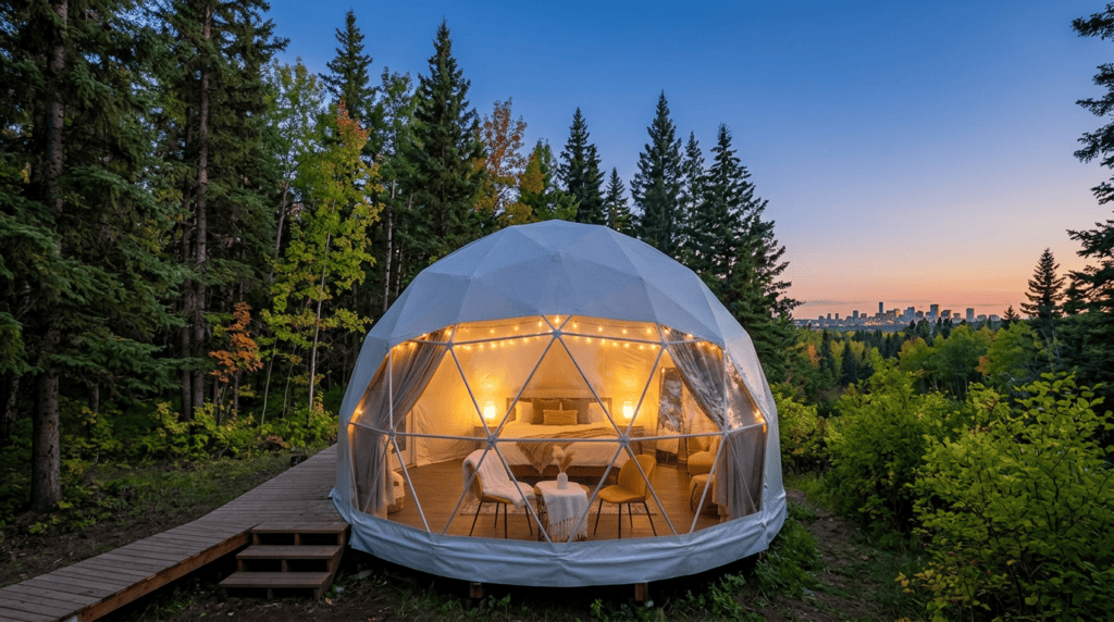 Elegant geodesic dome with warm interior lighting situated in a lush forest with a city skyline in the background at sunset.