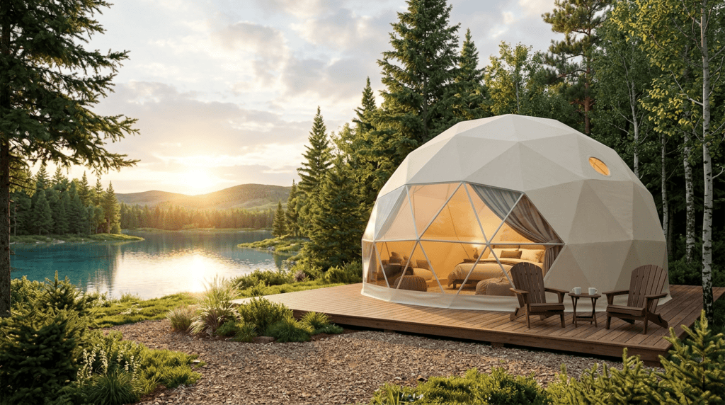 Modern geodesic dome cabin with large windows overlooking a serene lake, surrounded by lush pine trees and mountains at sunset.