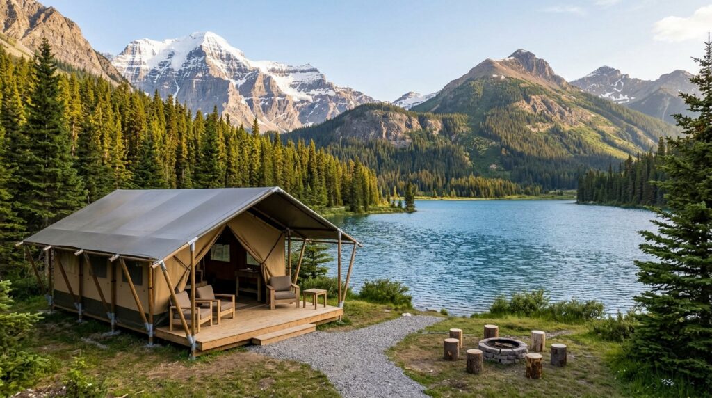Camping tent by a lake surrounded by mountains and dense forest, with clear blue water and snow-capped peaks in the background.