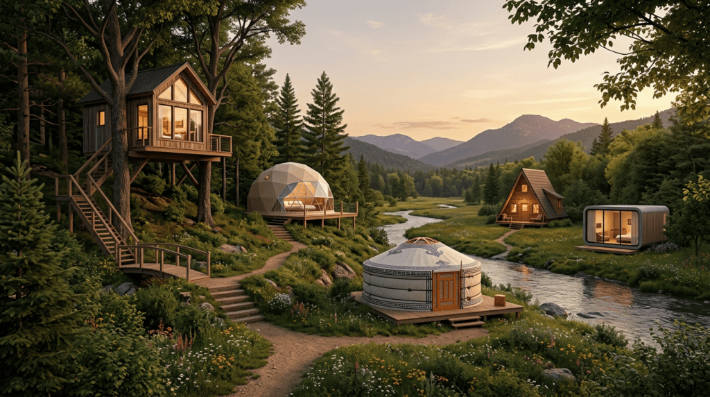 Luxury glamping accommodations nestled in a lush forest by a river, with mountain views and modern eco-friendly designs including geodesic domes and tiny houses.
