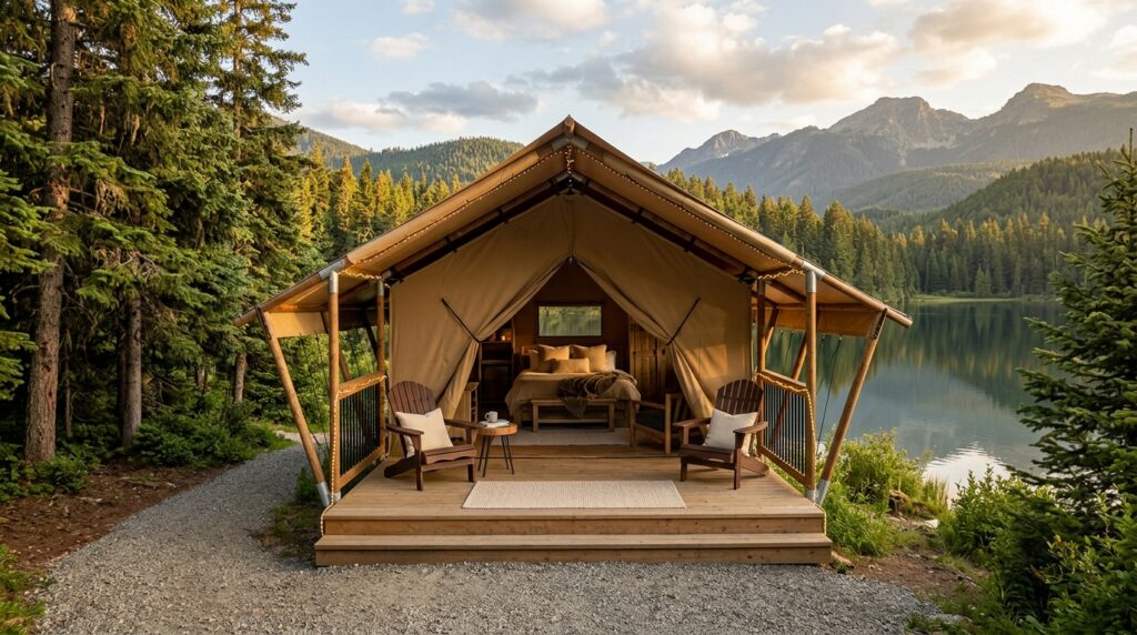 Elegant glamping tent set up on a wooden deck by a mountain lake, surrounded by lush green trees and scenic mountain views, perfect for outdoor luxury camping.
